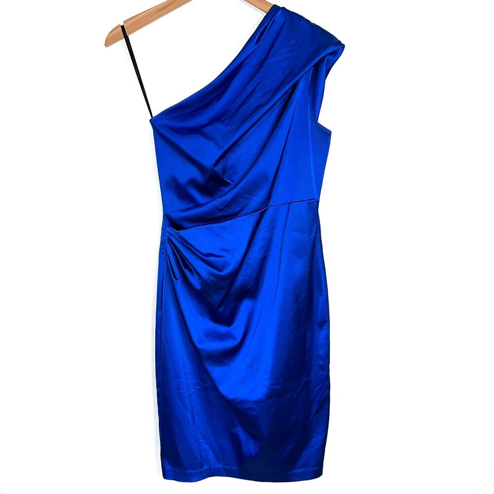 David Meister Royal Blue Satin One Shoulder Cocktail Dress Size 6